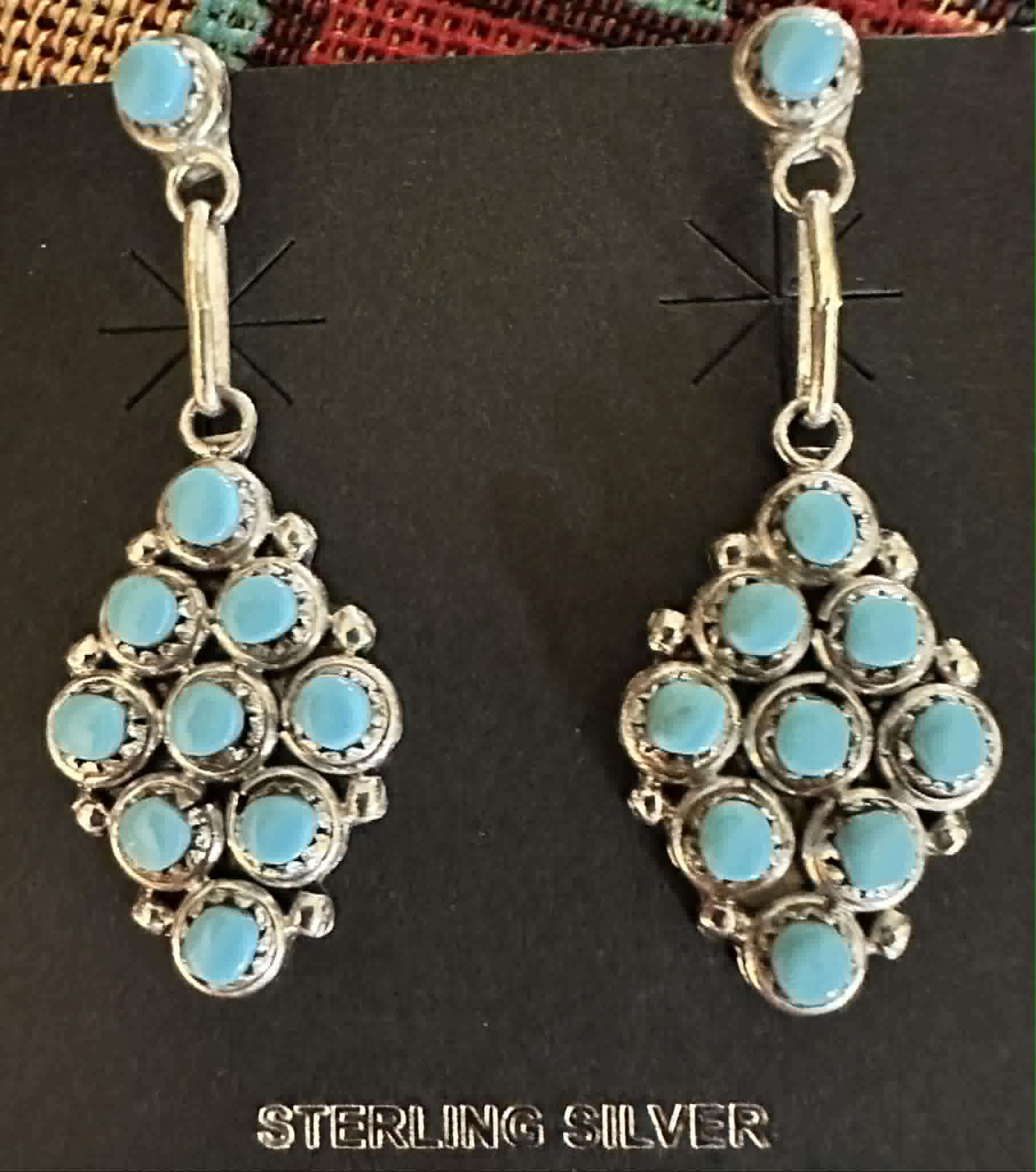 Sterling Silver Petit Point Turquoise Diamond Post Dangle Earrings by Davis Kaamasee - Native American Jewelry Davis Kaamasee
