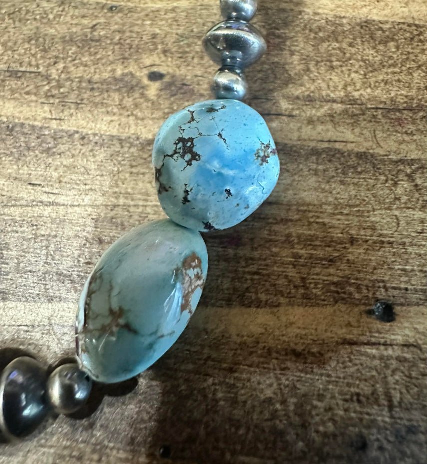 19" Golden Hills Turquoise with Navajo Style Pearl and Squash Blossom Necklace - Native American Jewelry Rockin' M Leathers