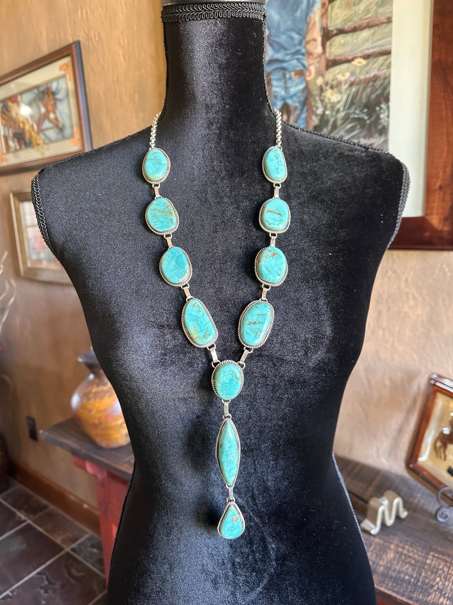 Sterling Silver & Turquoise Lariat Necklace by EM Teller - Native American Jewelry EM Teller