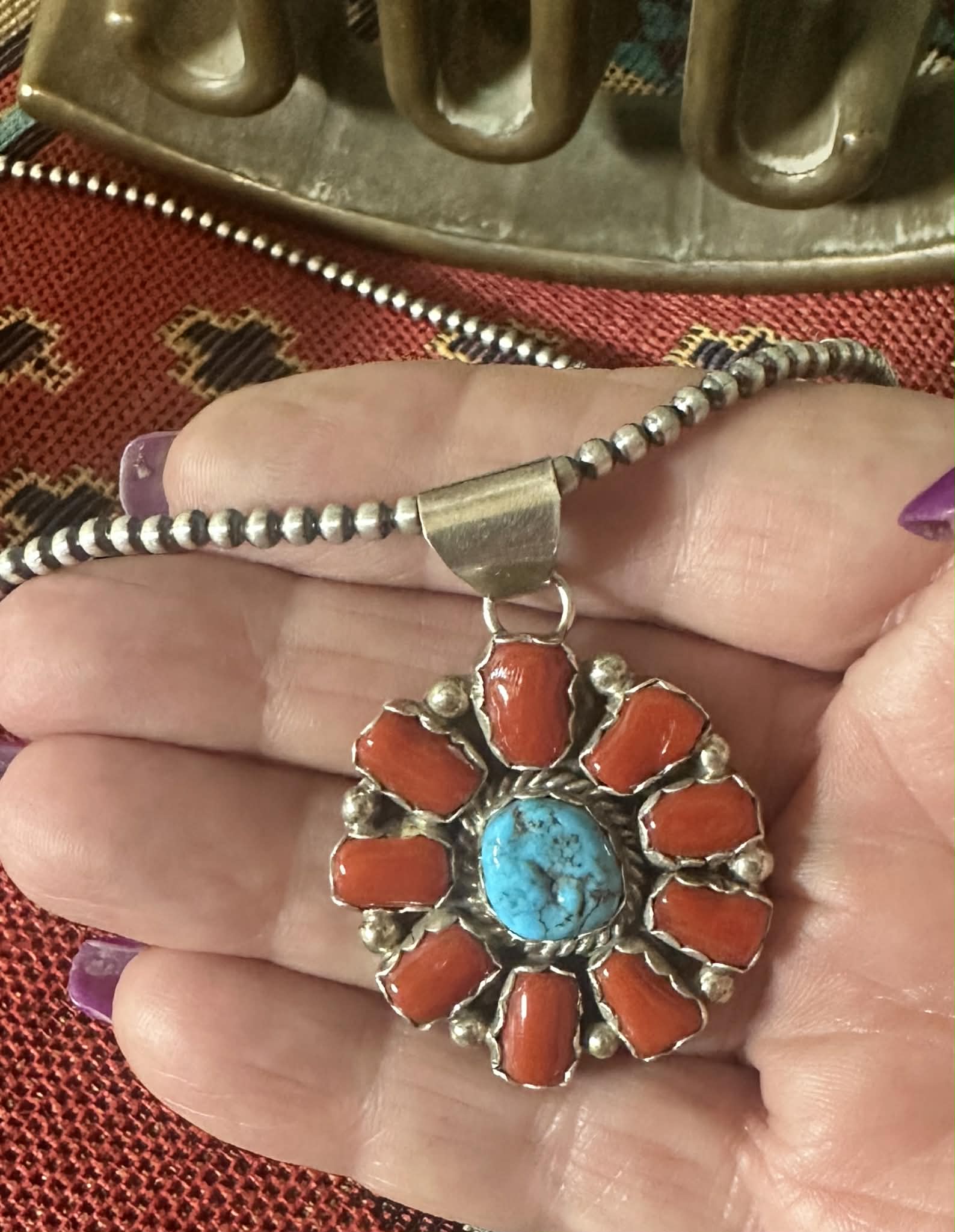 Sterling Silver Coral and Turquoise Cluster Pendant By Julia Etsitty - Native American Jewelry Julia Etsitty
