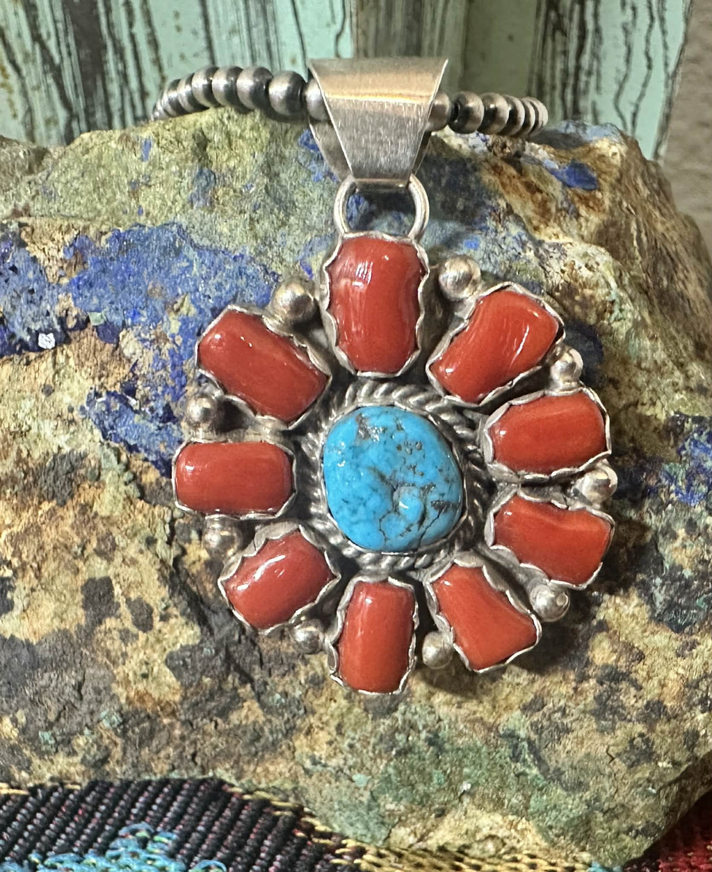 Sterling Silver Coral and Turquoise Cluster Pendant By Julia Etsitty - Native American Jewelry Julia Etsitty