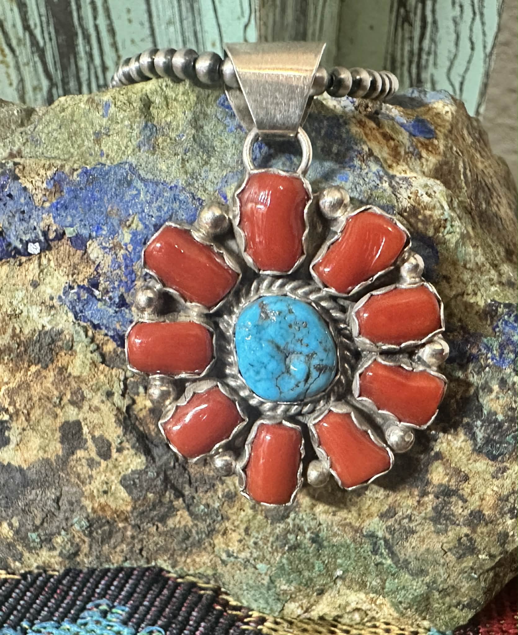 Sterling Silver Coral and Turquoise Cluster Pendant By Julia Etsitty - Native American Jewelry Julia Etsitty