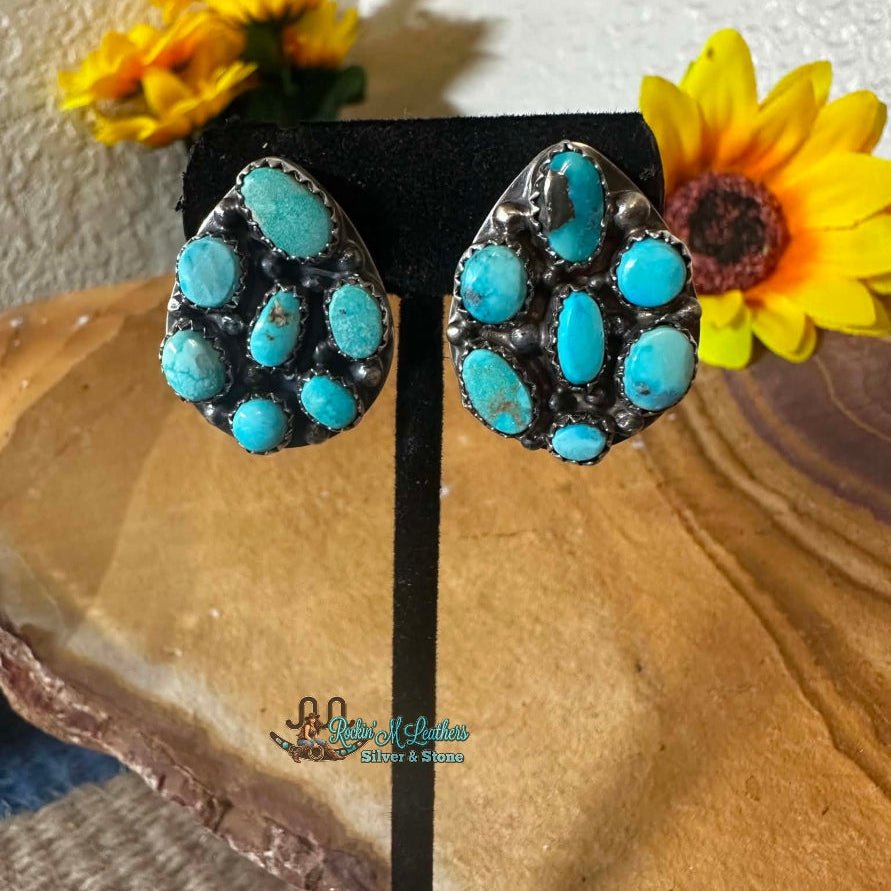 Sterling Silver and High Grade Kingman Cluster Earrings by P. Spencer