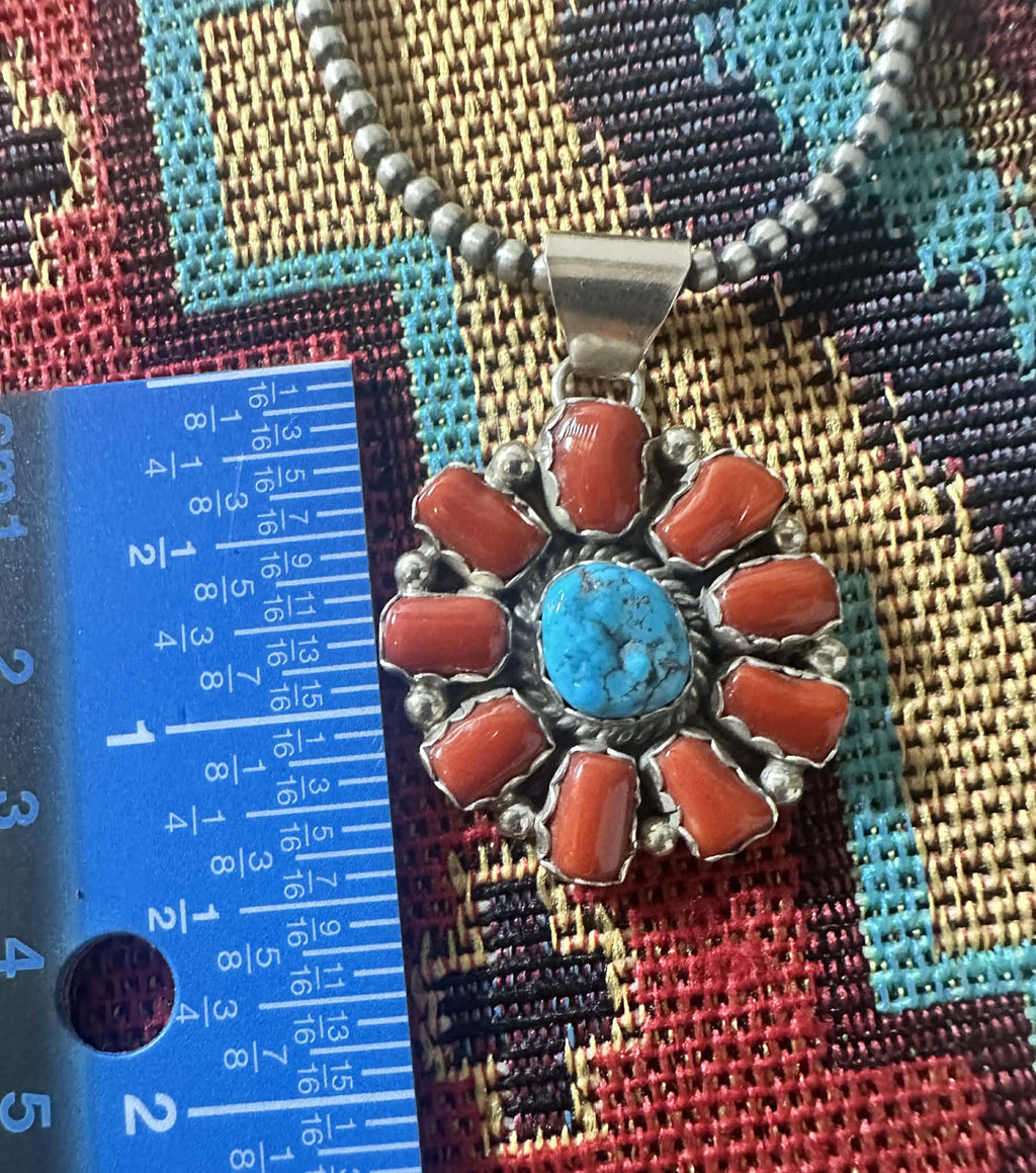 Sterling Silver Coral and Turquoise Cluster Pendant By Julia Etsitty - Native American Jewelry Julia Etsitty