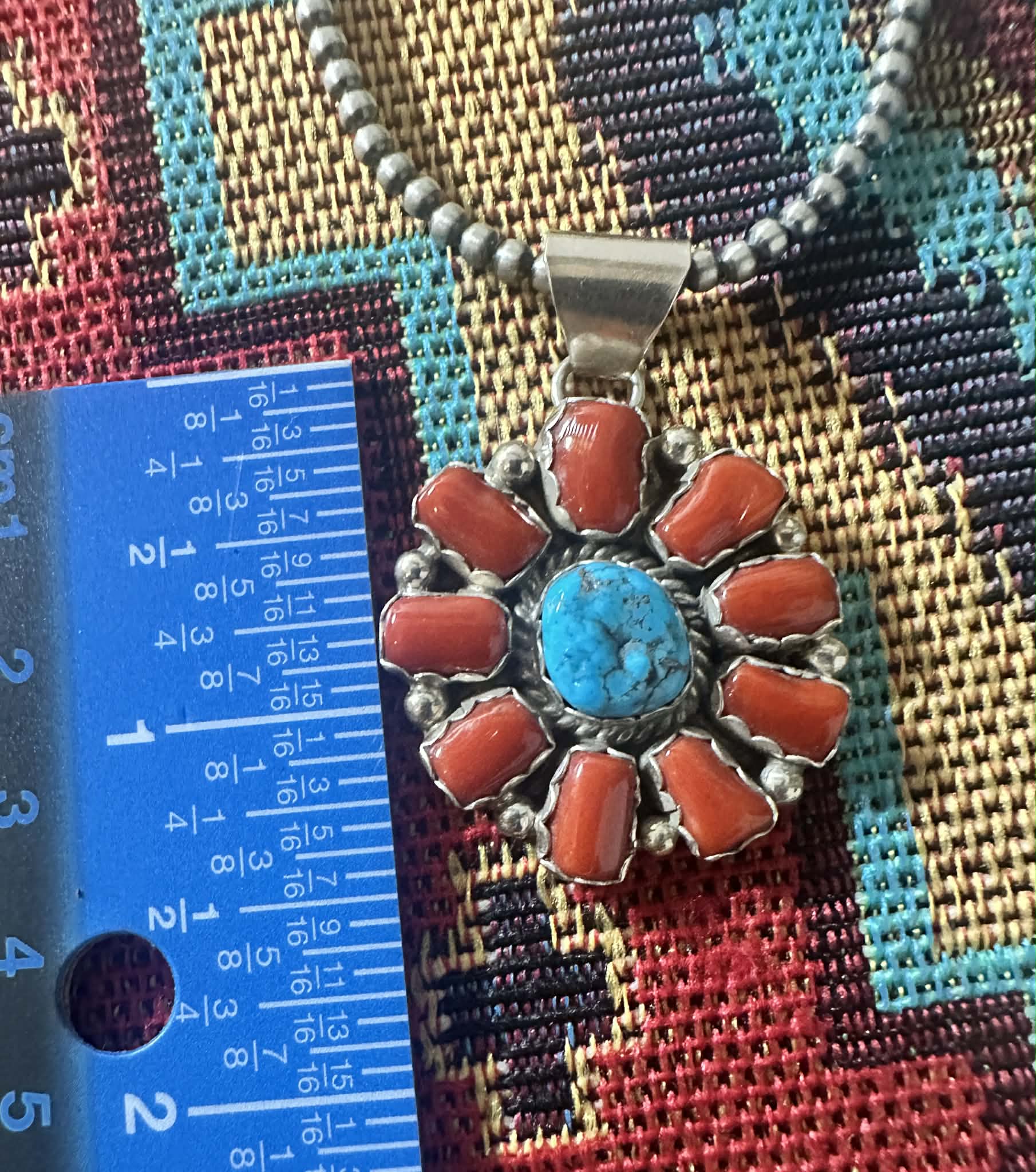Sterling Silver Coral and Turquoise Cluster Pendant By Julia Etsitty - Native American Jewelry Julia Etsitty