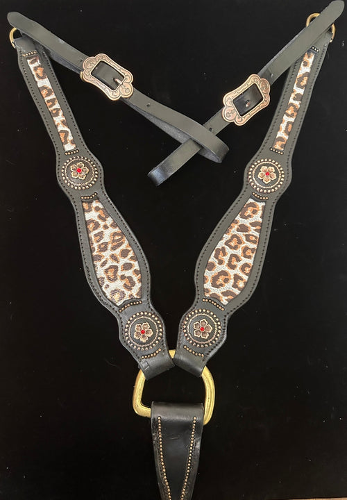 Black & cheetah leather tack set – breast collar with hand-painted dots & coordinating conchos by Rockin' M Leathers