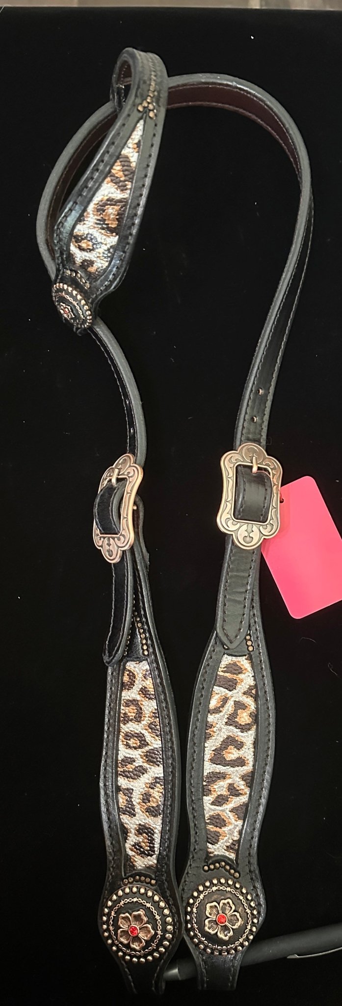 Black & cheetah leather tack set – headstall with hand-painted dots & coordinating conchos by Rockin' M Leathers