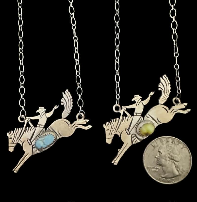 Blue Golden Hills turquoise (left) and golden-green Palomino turquoise  with a U.S. quarter showing pendant size (right)