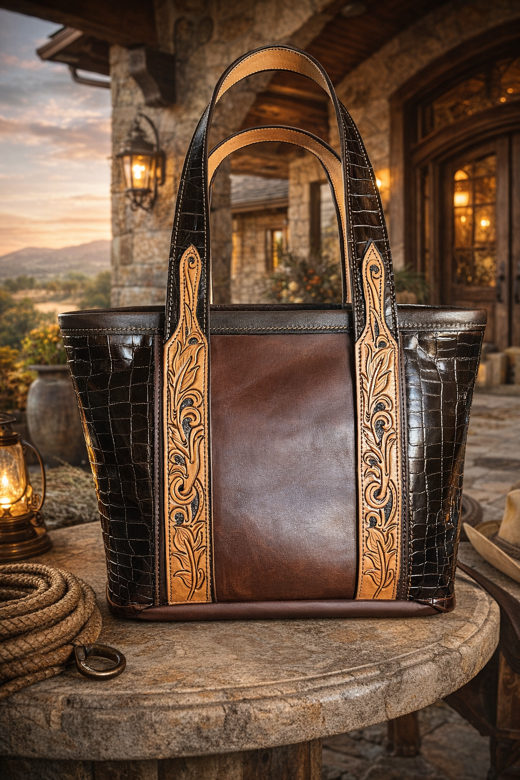 Brown Leather with Tooled Straps Bucket Purse