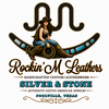 Logo for Rockin' M Leathers with a woman in cowboy attire and text about handcrafted leatherwork and jewelry.