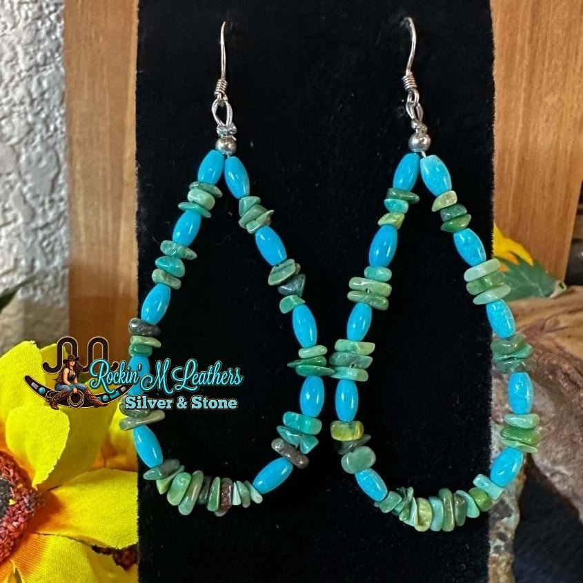 3" Sterling Silver Barrel Bead & Chip Turquoise Dangle Earrings by Fred Archuleta - Native American Jewelry Fred Archuleta
