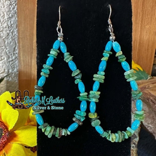 3" Sterling Silver Barrel Bead & Chip Turquoise Dangle Earrings by Fred Archuleta - Native American Jewelry Fred Archuleta
