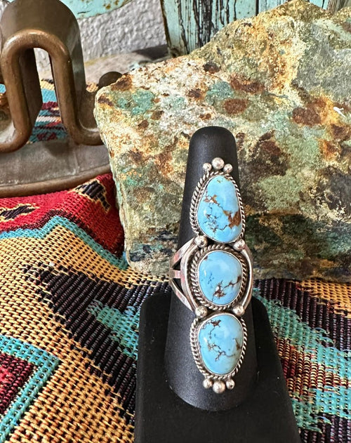 Golden Hills Turquoise Three Stone Ring SZ 8 by E.M. Linkin (Navajo) - Native American Jewelry E.M. Linkin