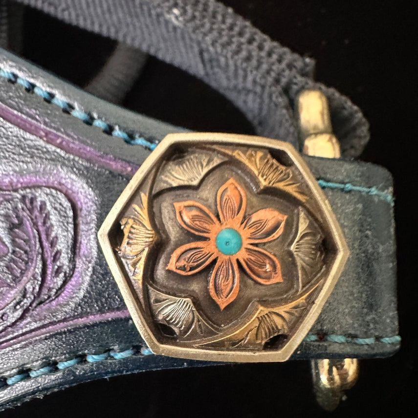 Hand Tooled Black/Purple Inlay Halter - Tack Rockin' M Leathers