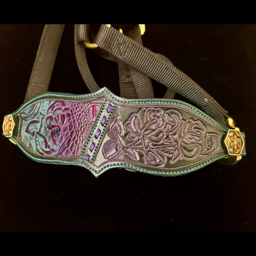 Hand Tooled Black/Purple Inlay Halter - Tack Rockin' M Leathers
