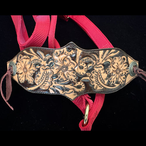 Hand Tooled Floral Noseband on Red Halter - Tack Rockin' M Leathers