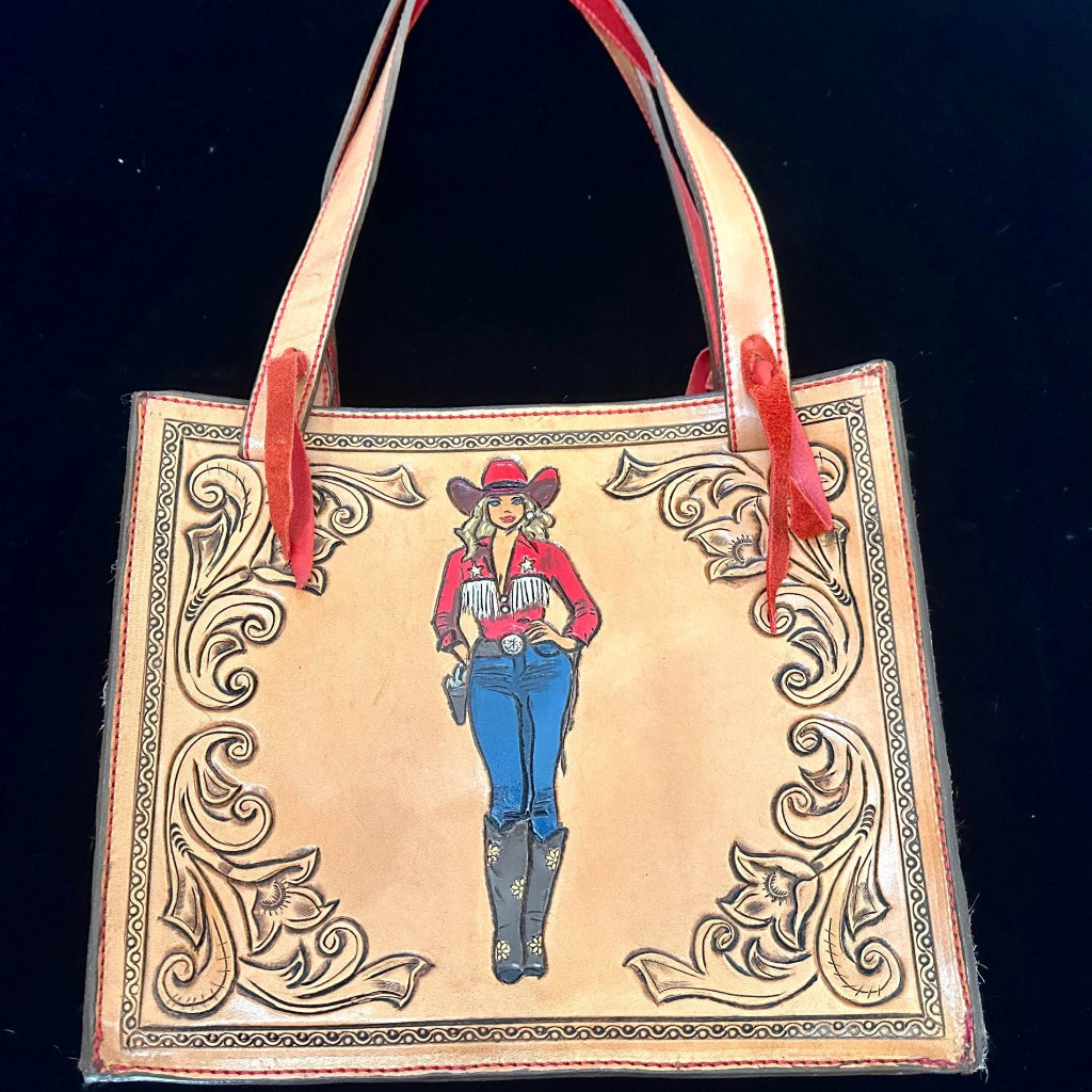 Hand Tooled & Painted Gunslingin' Cowgirl - Handbag Rockin' M Leathers