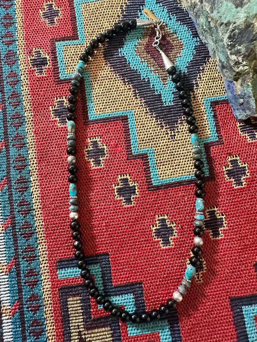 Handmade Sterling Silver, Onyx and Turquoise Beaded Necklace by Rose Singer - full view 