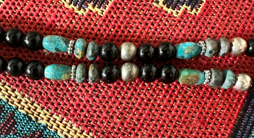 Handmade Sterling Silver, Onyx & Turquoise Beaded Necklace by Rose Singer Closeup