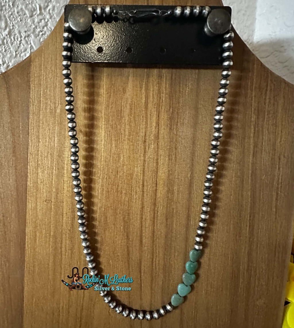 Sterling Silver 5mm Navajo Style Bead Necklace and Green Turquoise Hearts 18 in. - Native American Jewelry Indigenous Artist