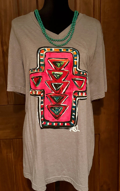 Gray with colorful Cross Cotton T-Shirt - Apparel Rockin' M Leathers