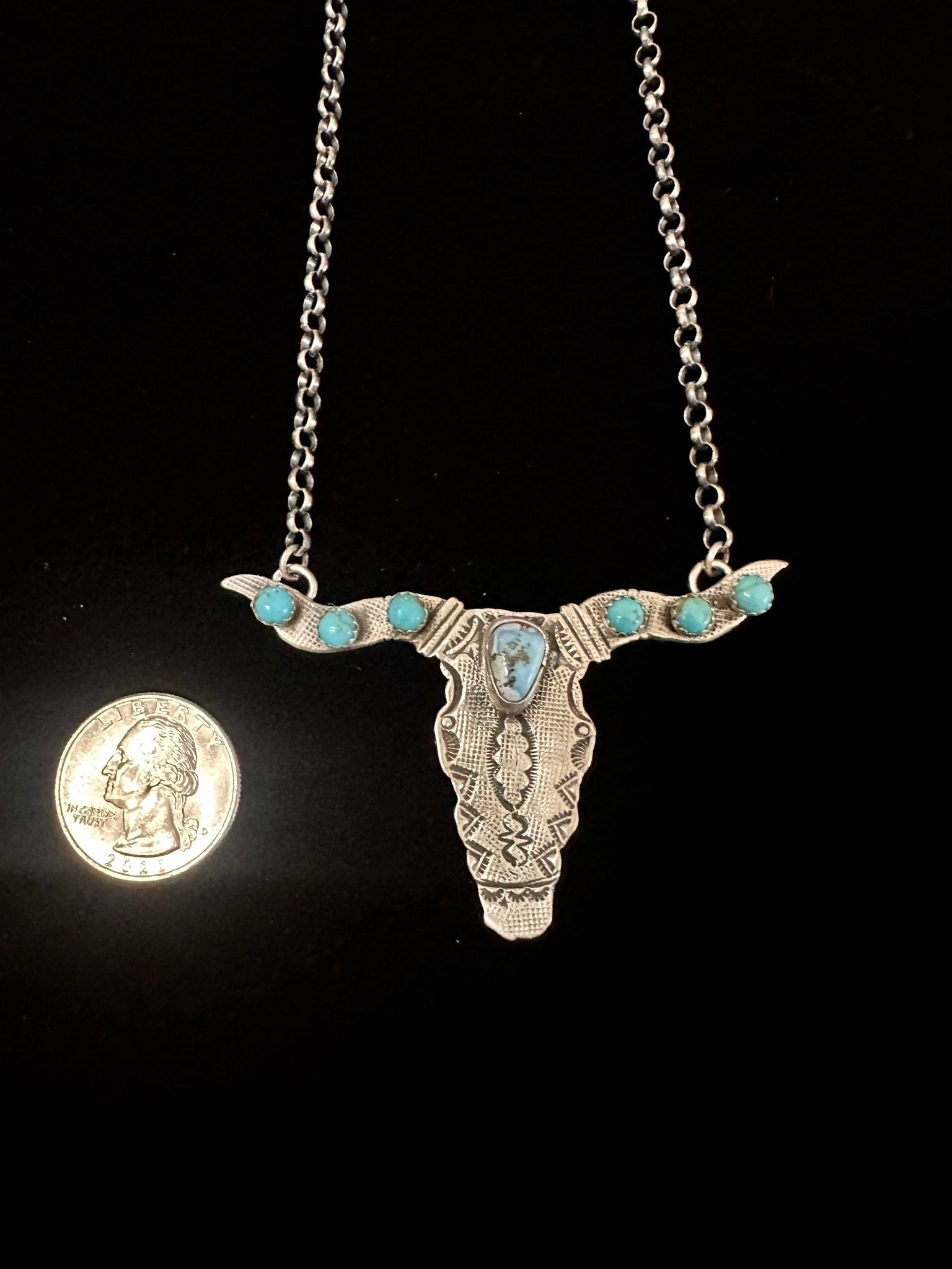 Navajo sterling silver longhorn pendant necklace with turquoise & Golden Hills turquoise by Leroy James | Rockin' M Leathers