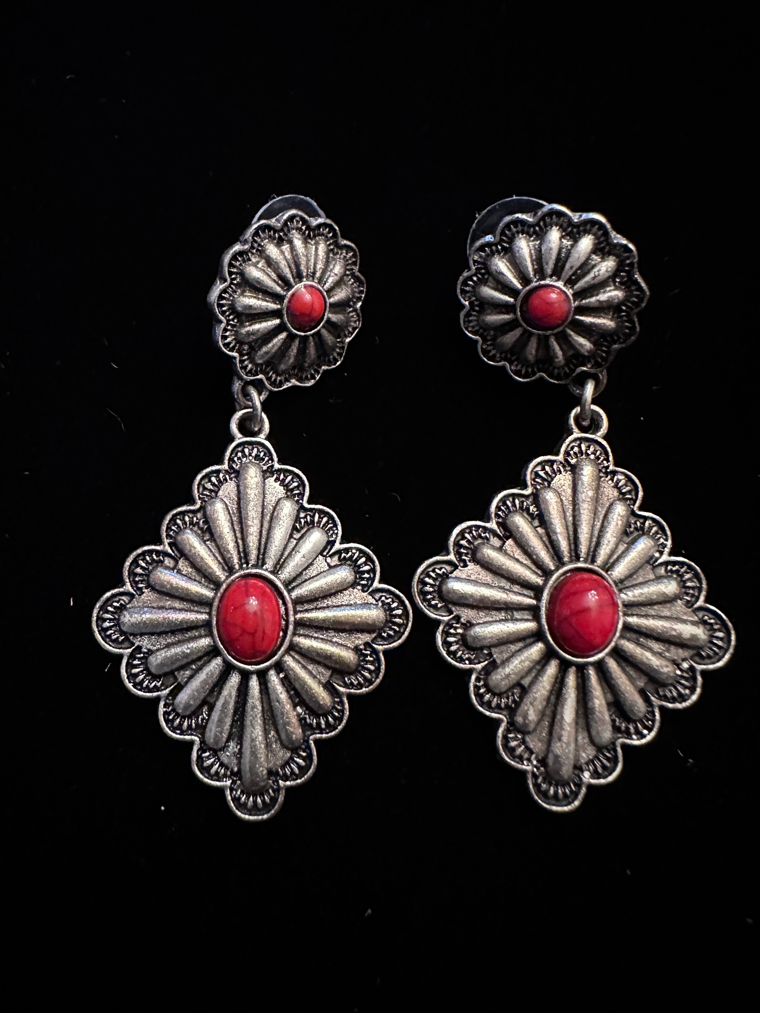 Silver & Red Stone Southwestern Fashion Earrings