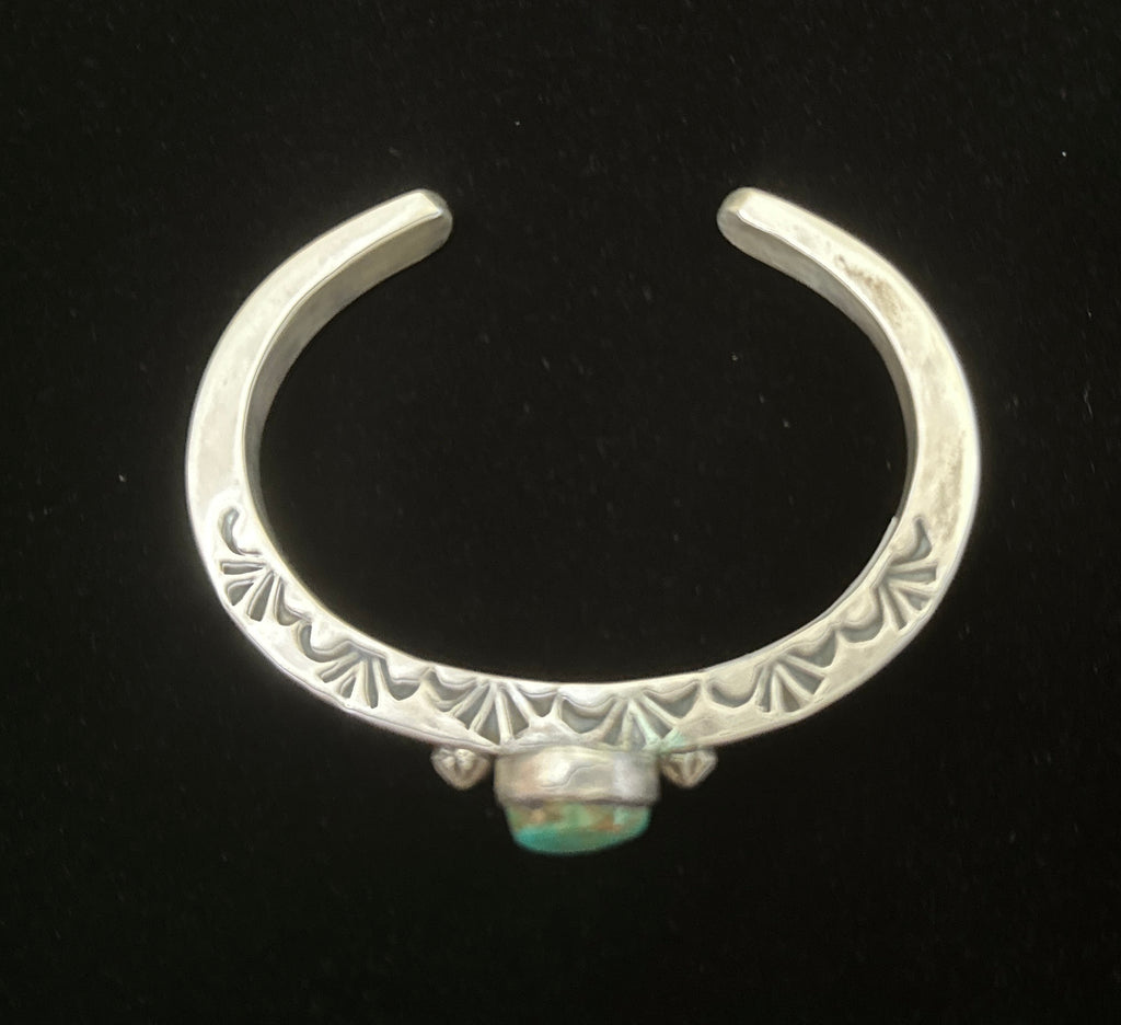 Navajo sterling silver teardrop turquoise cuff bracelet with star shot detailing – side view | Rockin' M Leathers