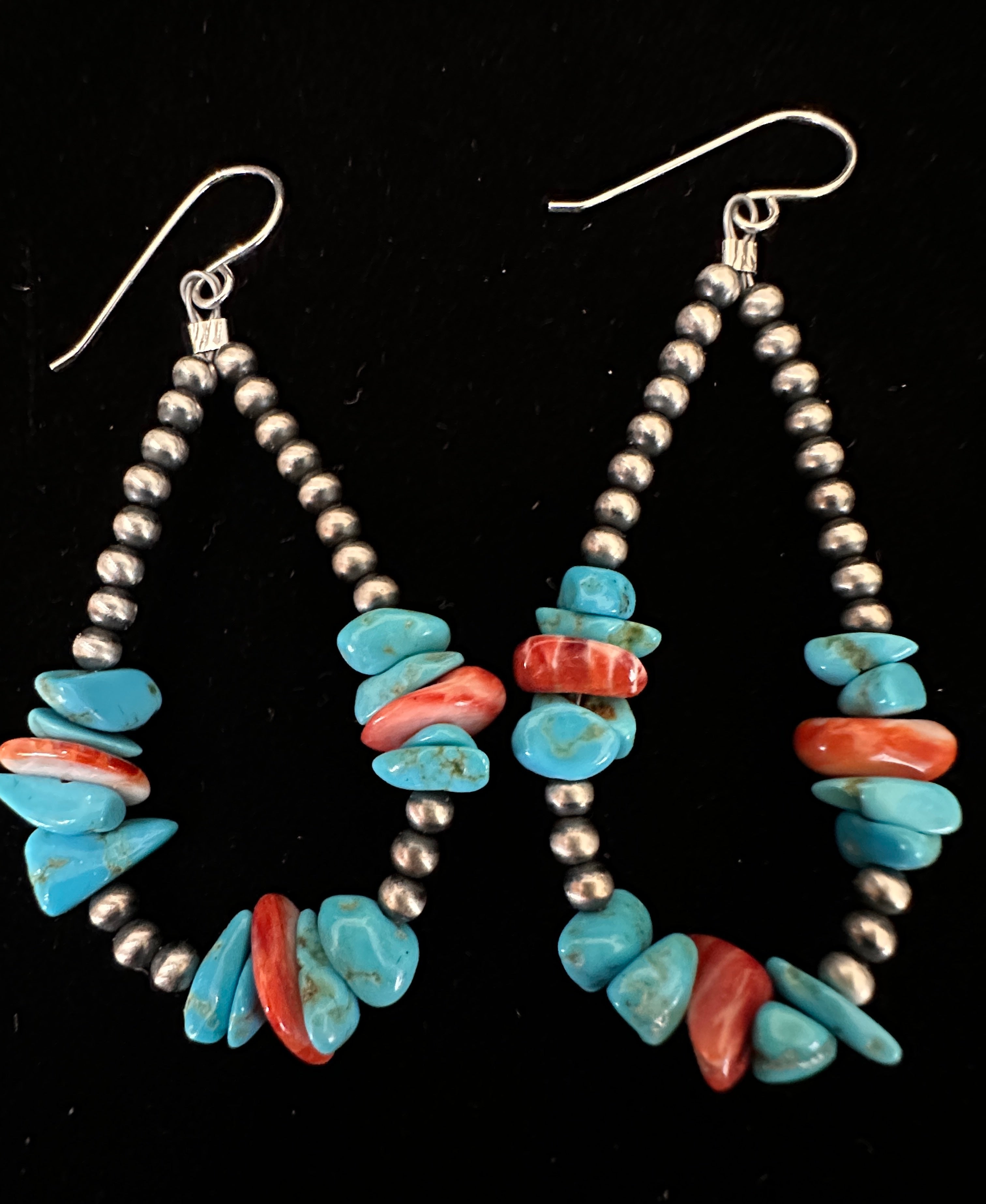 Sterling Silver Navajo Pearl Turquoise & Orange Spiny Hoop Earrings