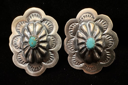 Navajo sterling silver Kingman turquoise concho earrings handcrafted by Lavina Benally | Rockin' M Leathers