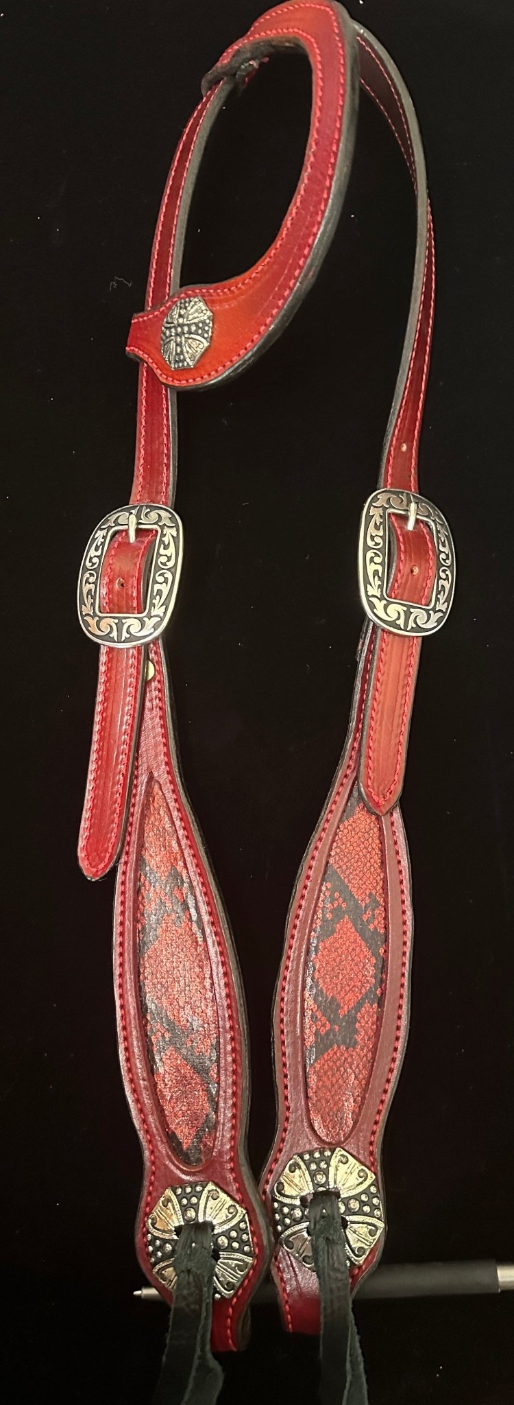 Single Sliding Ear Headstall - Black & Red Inlay - Tack Rockin' M Leathers