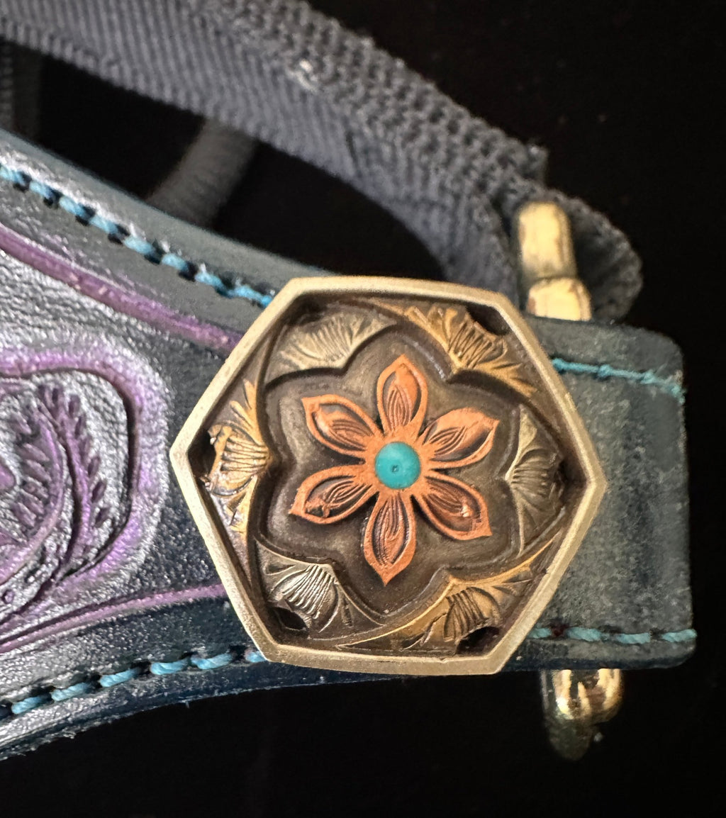 Hand Tooled Black/Purple Inlay Halter - Tack Rockin' M Leathers