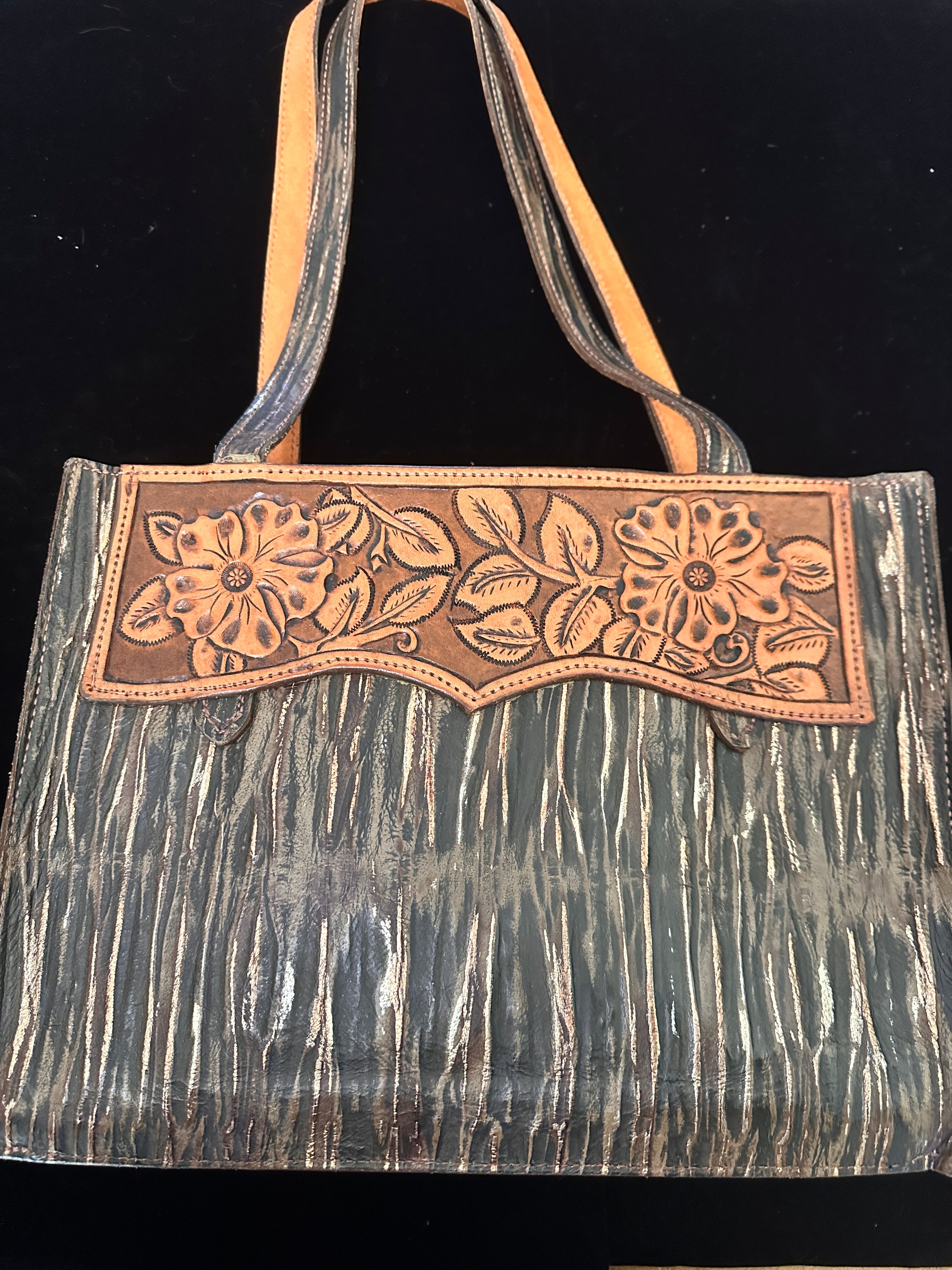 Brown Distressed Embossed Leather with Hand Tooled Accent