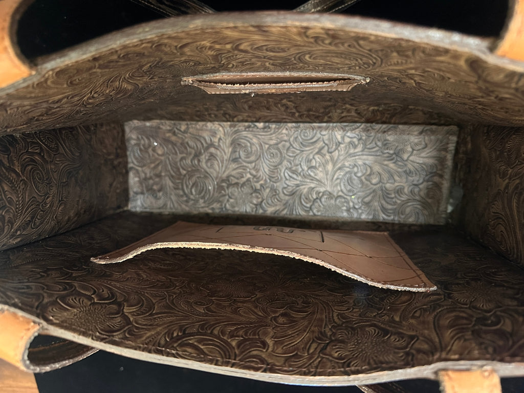 Brown Distressed Embossed Leather with Hand Tooled Accent - Handbag Rockin' M Leathers