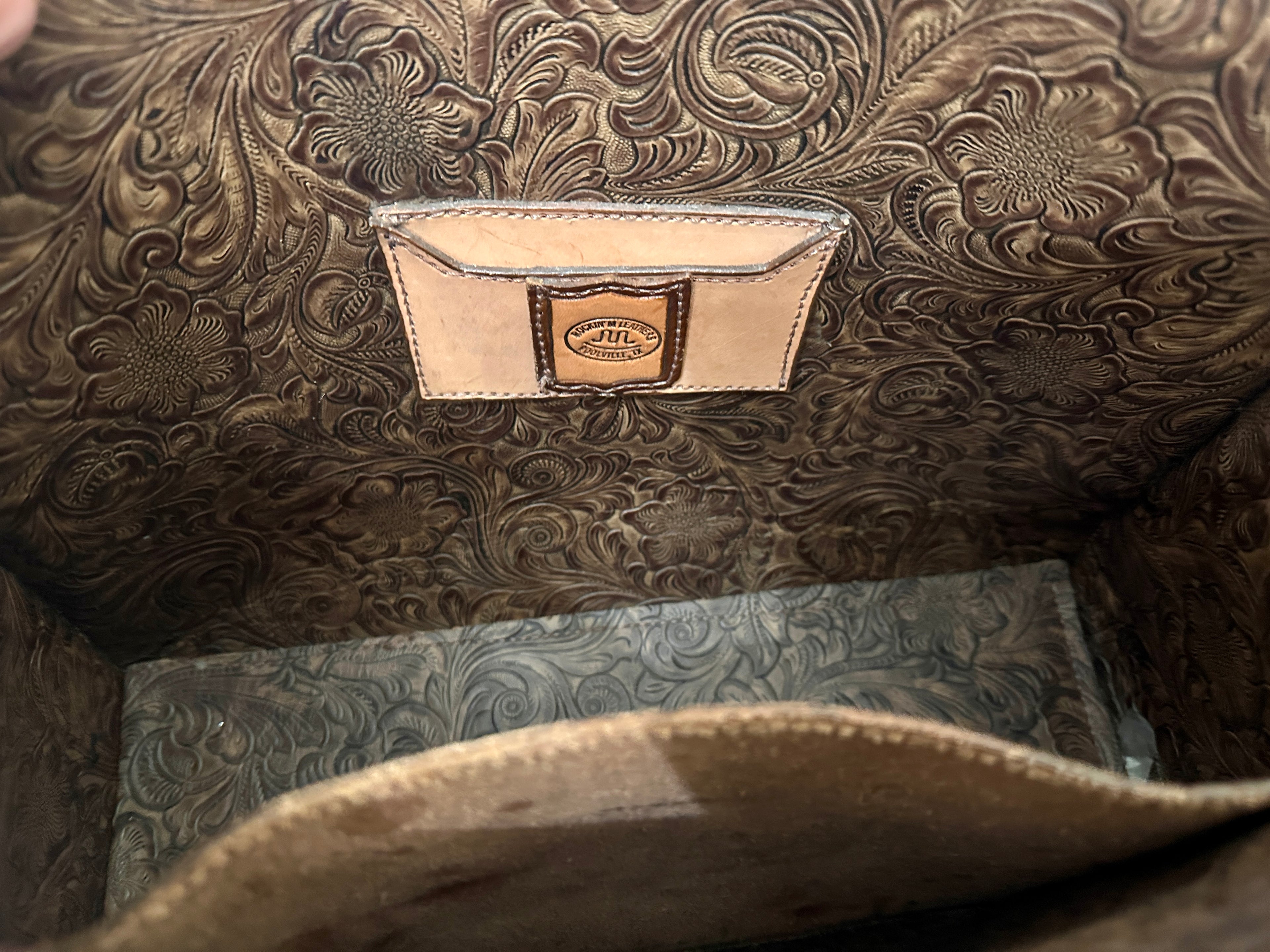 Brown Distressed Embossed Leather with Hand Tooled Accent