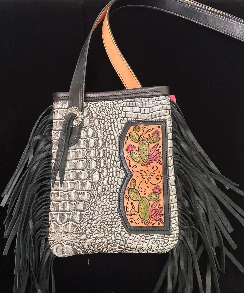 Medium Leather Fringe Purse – Cactus & Turquoise Longhorn - Handbag Rockin' M Leathers