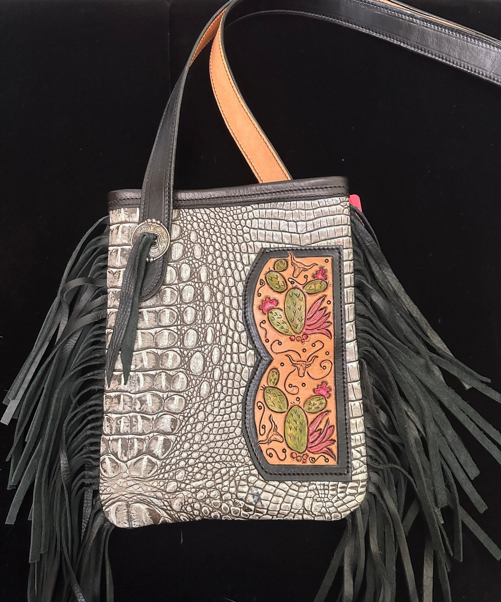 Medium Leather Fringe Purse – Cactus & Turquoise Longhorn - Handbag Rockin' M Leathers