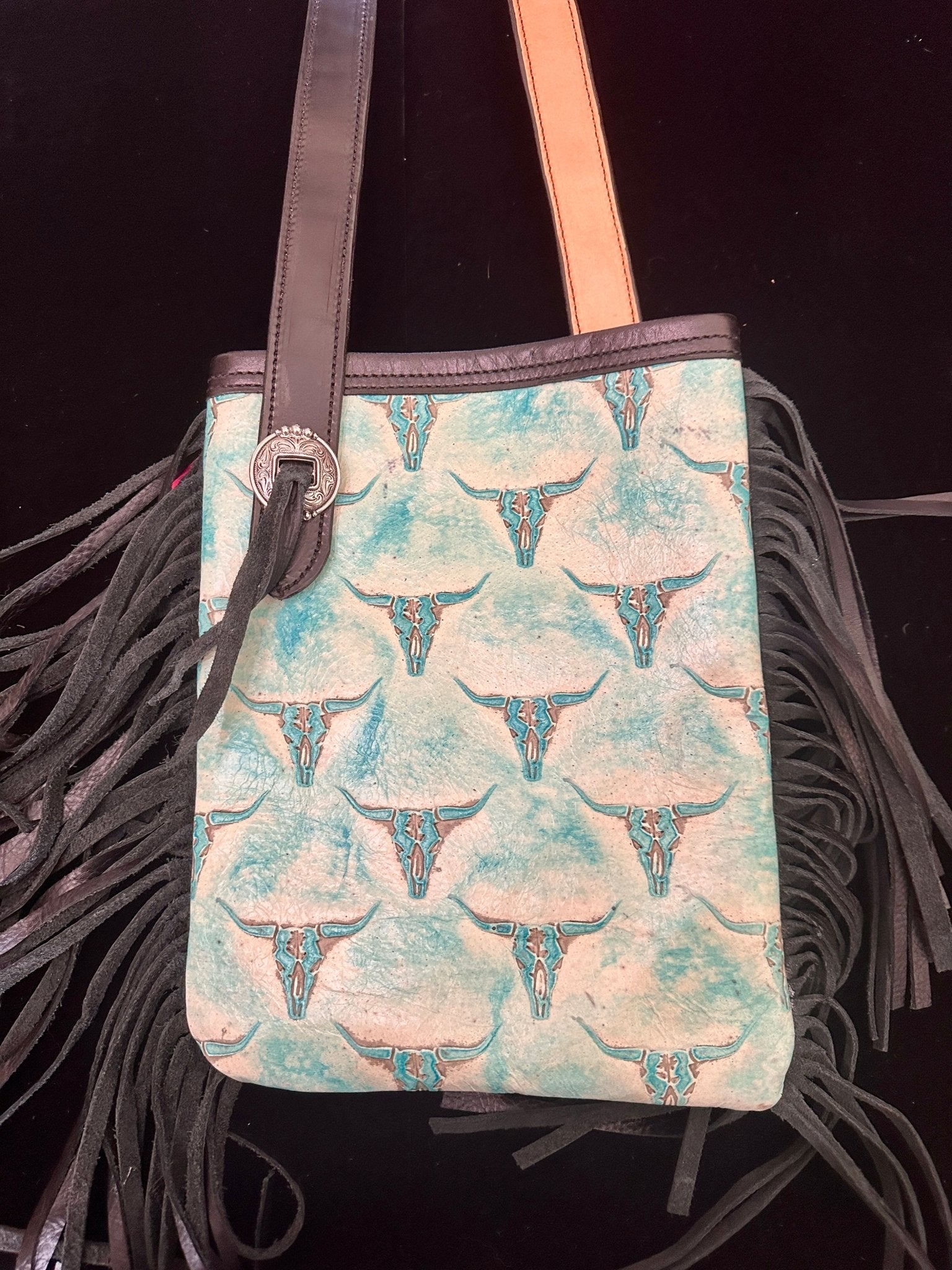 Medium Leather Fringe Purse – Cactus & Turquoise Longhorn - Handbag Rockin' M Leathers