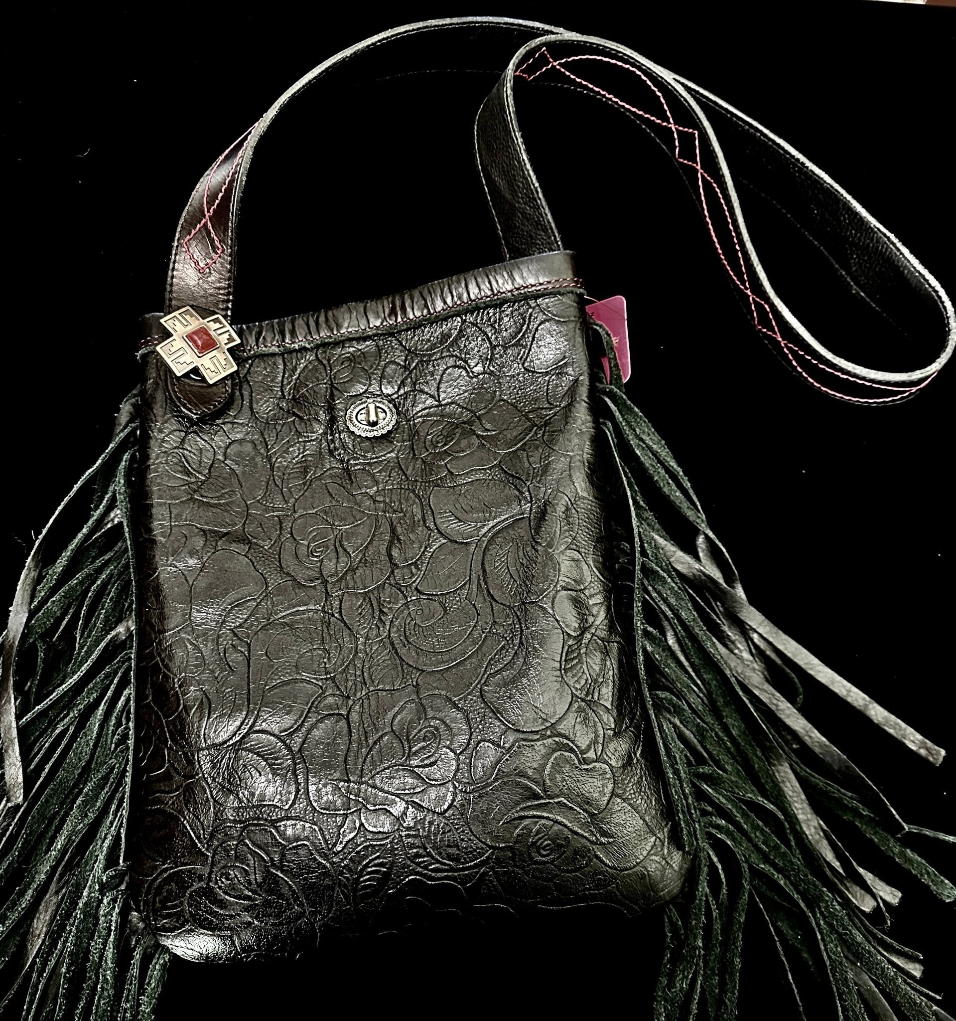 Medium Leather Fringe Purse – Black Embossed with Red Lining - Handbag Rockin' M Leathers