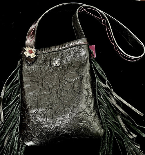 Medium Leather Fringe Purse – Black Embossed with Red Lining - Handbag Rockin' M Leathers