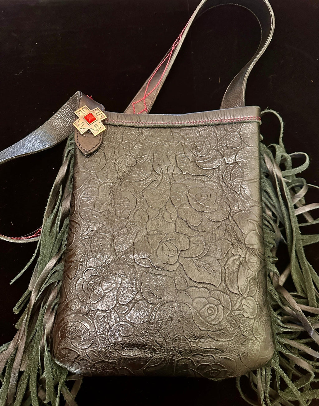 Medium Leather Fringe Purse – Black Embossed with Red Lining - Handbag Rockin' M Leathers