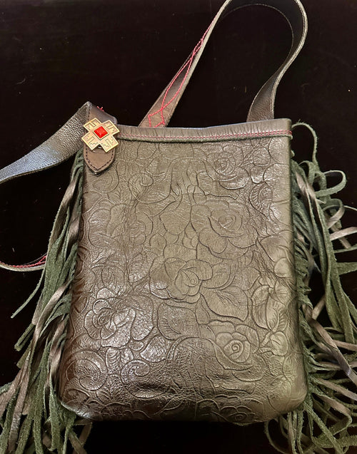 Medium Leather Fringe Purse – Black Embossed with Red Lining - Handbag Rockin' M Leathers