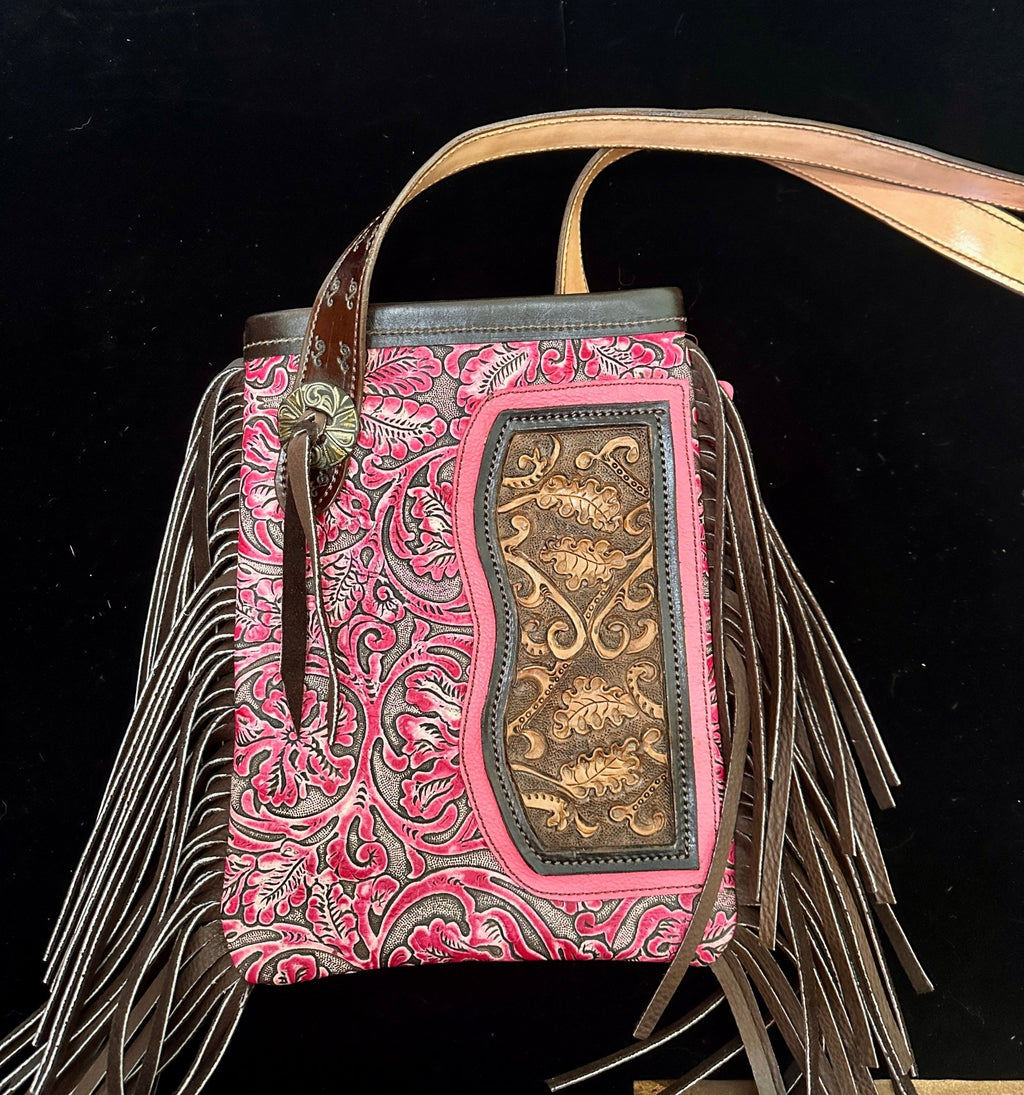 Medium Leather Fringe Purse – Pink & Brown Floral - Handbag Rockin' M Leathers