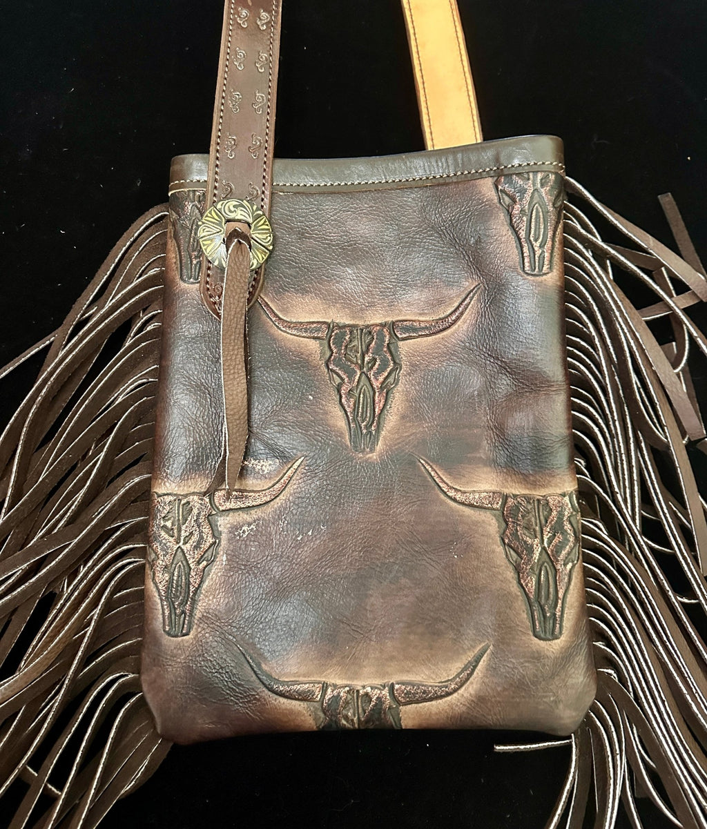 Medium Leather Fringe Purse – Pink & Brown Floral - Handbag Rockin' M Leathers