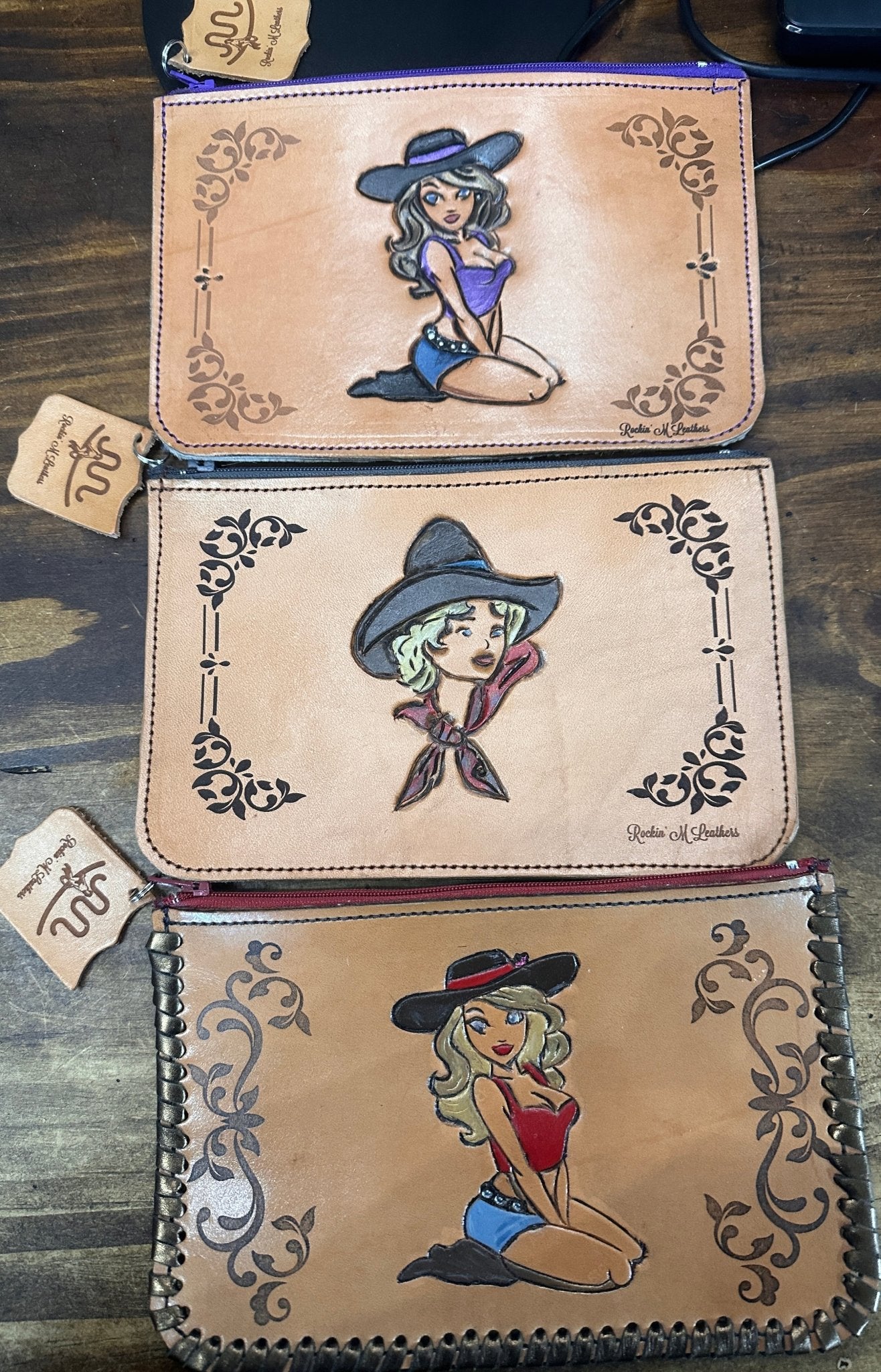 Pinup Cowgirl, Hand tooled and Painted Zipper Pouch - Other Leather Goods Rockin' M Leathers