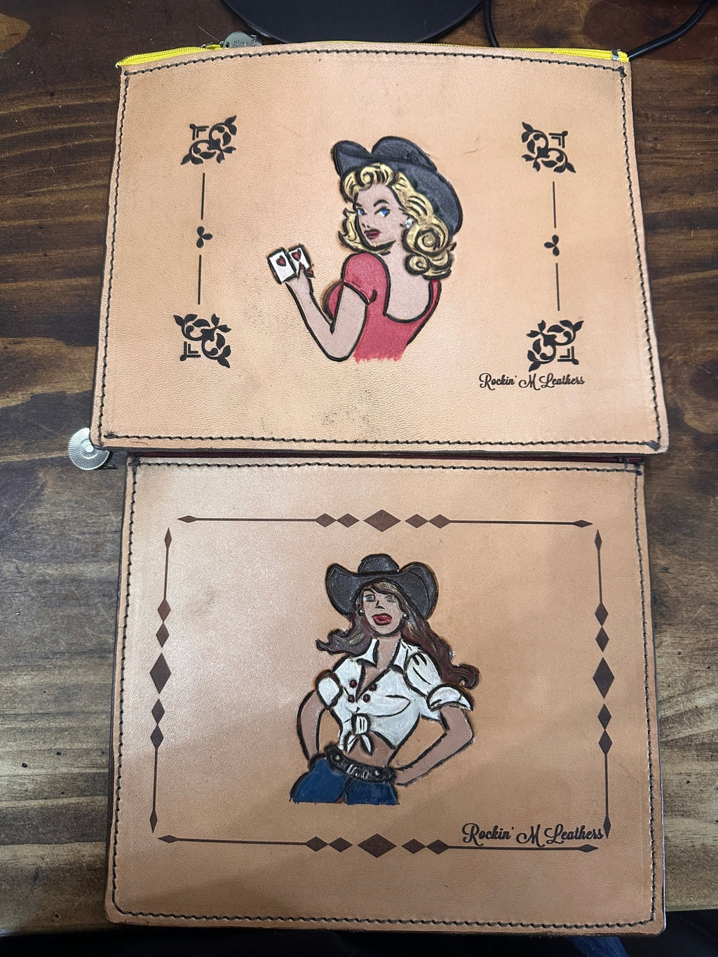 Pinup Cowgirl, Hand tooled and Painted Zipper Pouch - Front View - Other Leather Goods Rockin' M Leathers