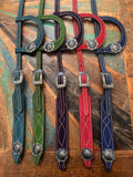 Custom single ear headstall in roughout or smooth leather with custom color and decorative stitching | Rockin' M Leathers