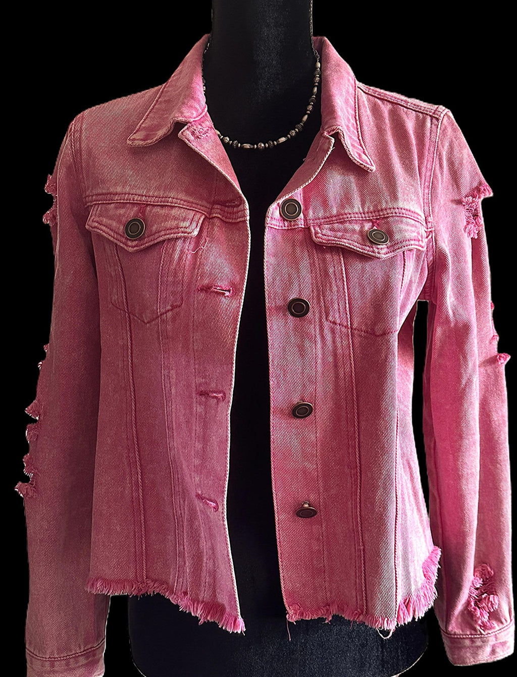 Pink Indian Headdress Distressed Denim Jacket - Apparel Savannah Jane
