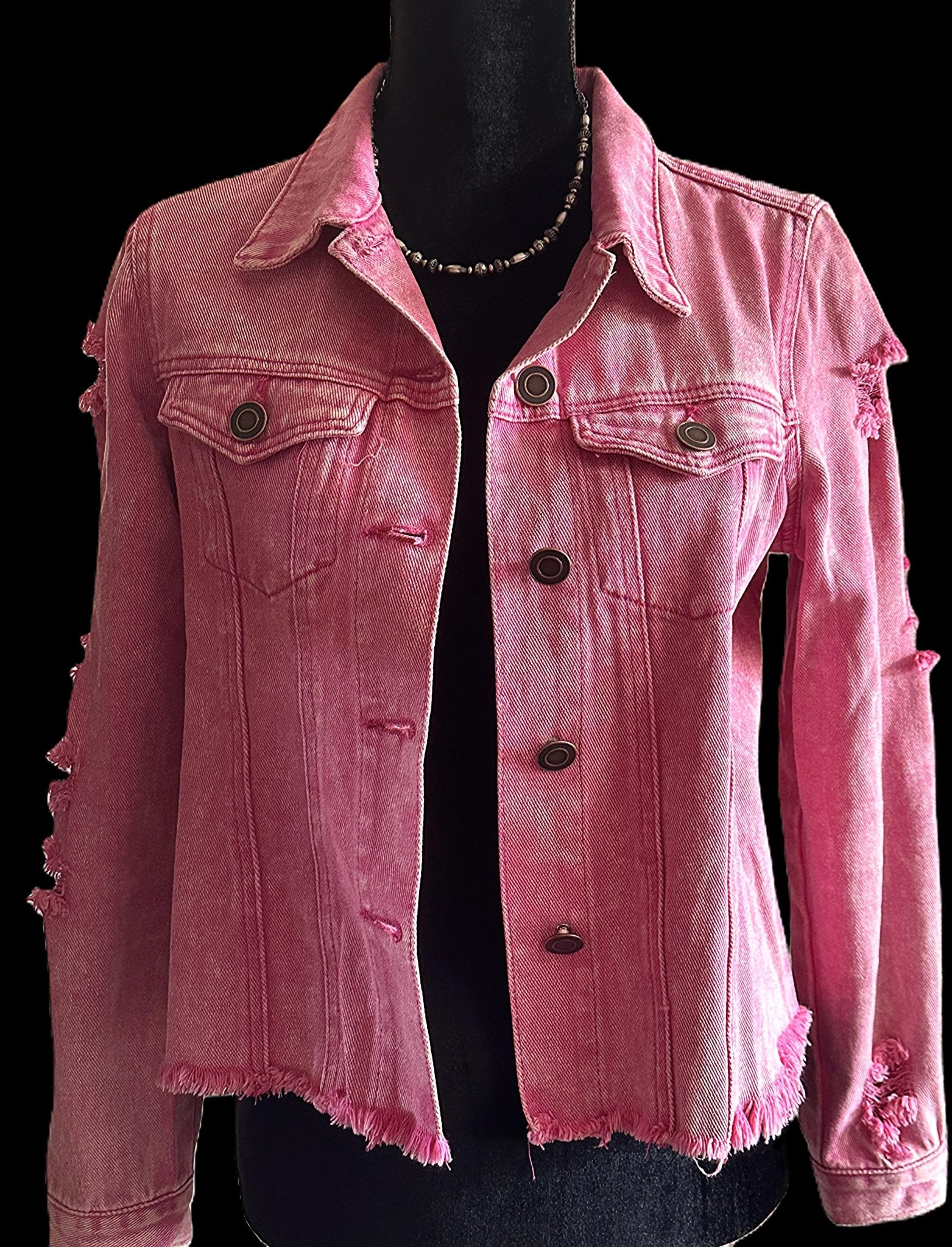 Pink Indian Headdress Distressed Denim Jacket - Apparel Savannah Jane