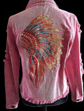 Pink Indian Headdress Distressed Denim Jacket - Apparel Savannah Jane